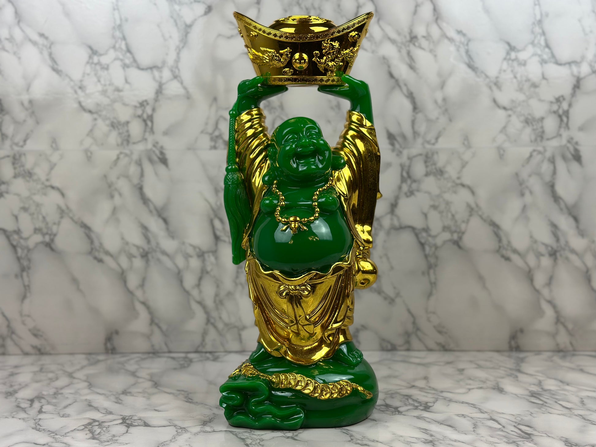 Laughing Buddha Holding Golden Ingot - Jade's Feng Shui Oasis