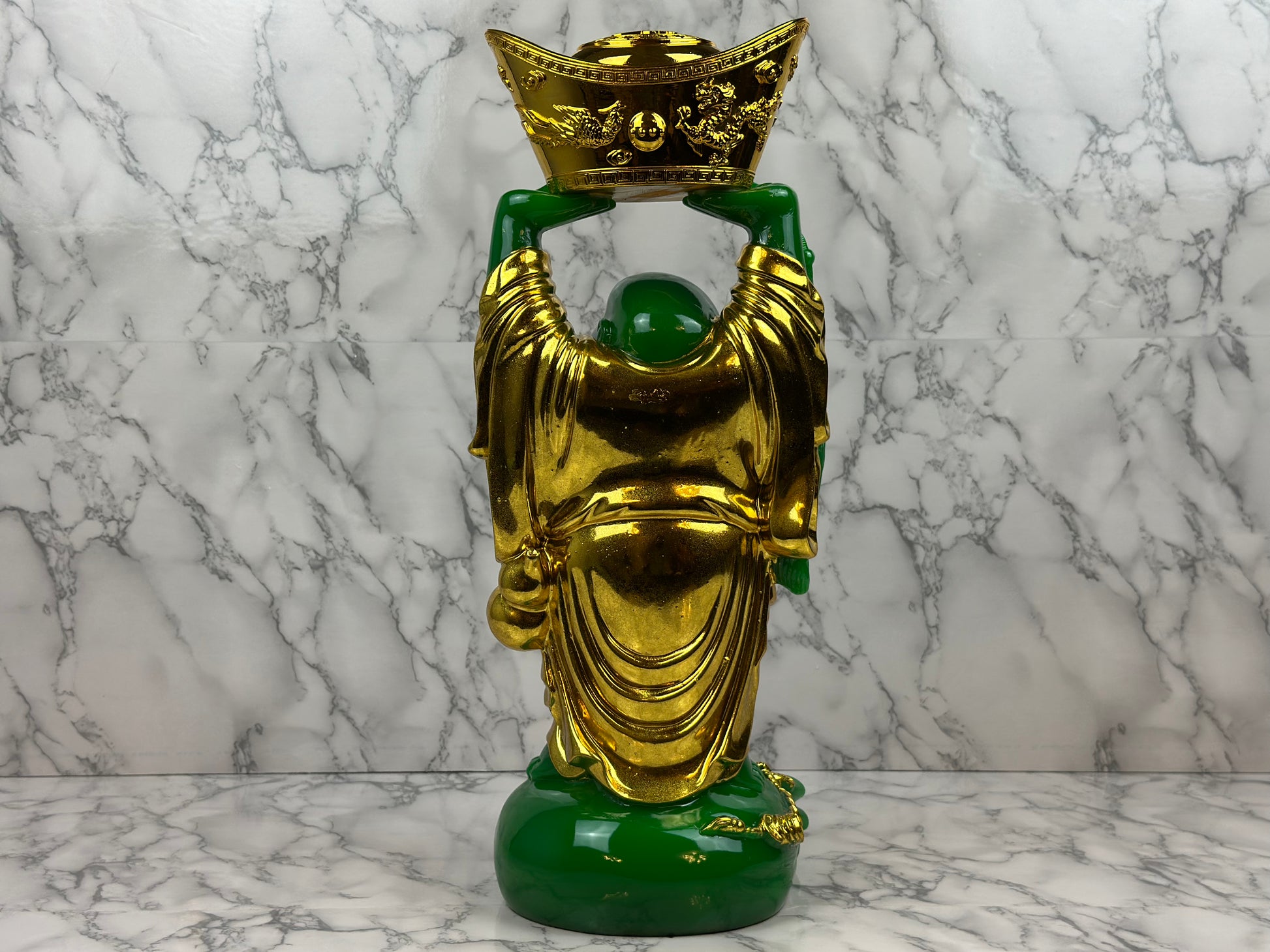 Laughing Buddha Holding Golden Ingot - Jade's Feng Shui Oasis