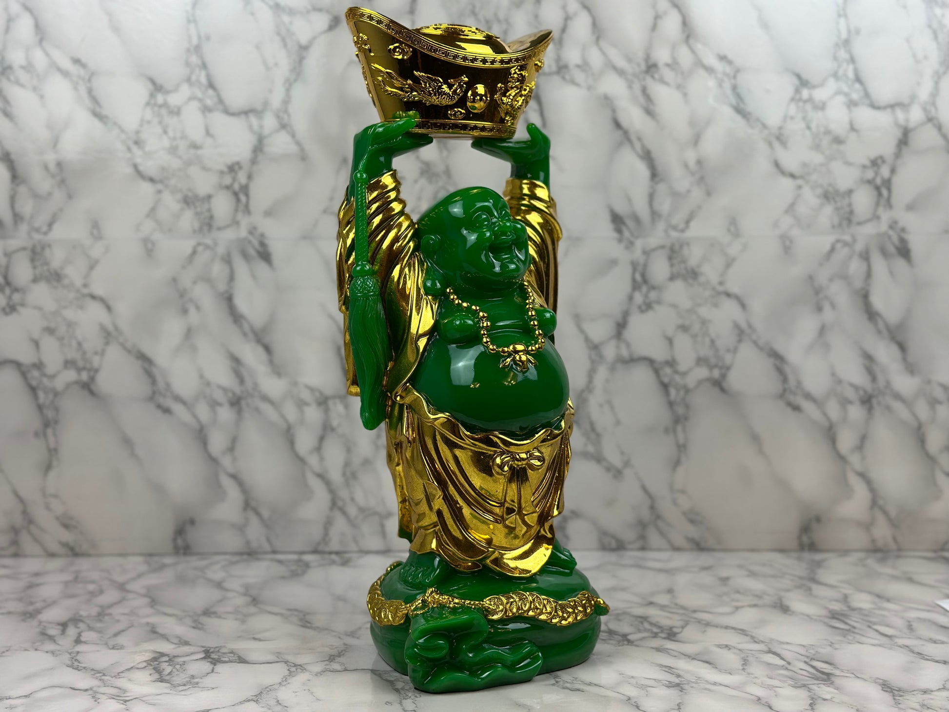 Laughing Buddha Holding Golden Ingot - Jade's Feng Shui Oasis