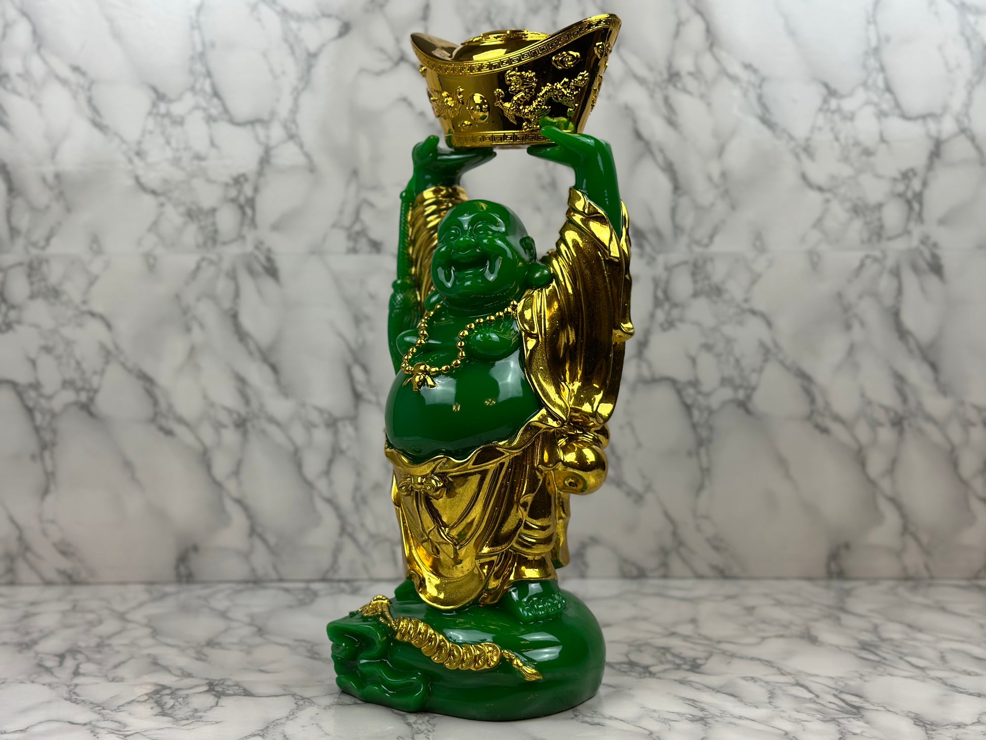 Laughing Buddha Holding Golden Ingot - Jade's Feng Shui Oasis