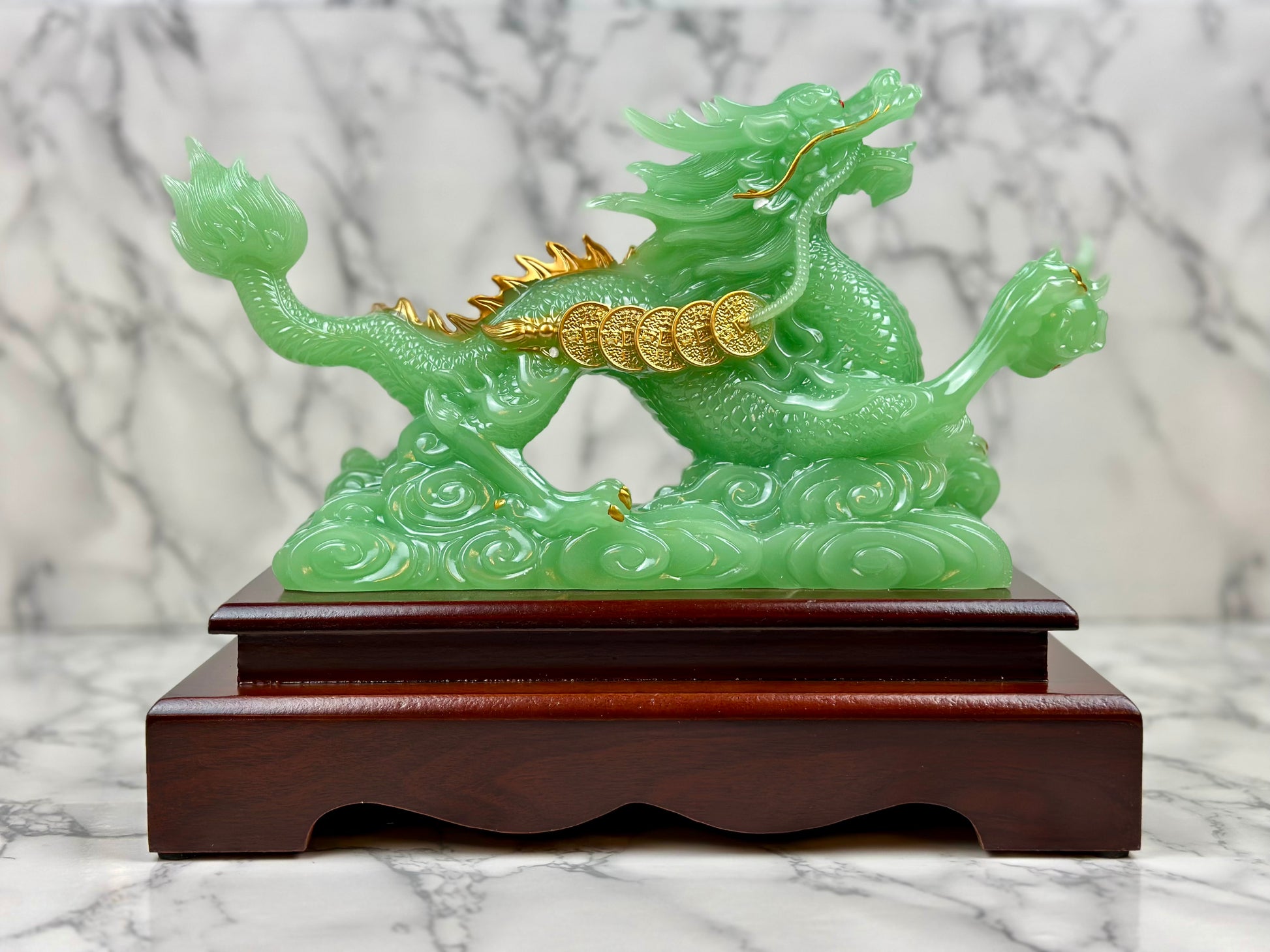 Ice Jade Dragon with Money Coins - Jade's Feng Shui Oasis