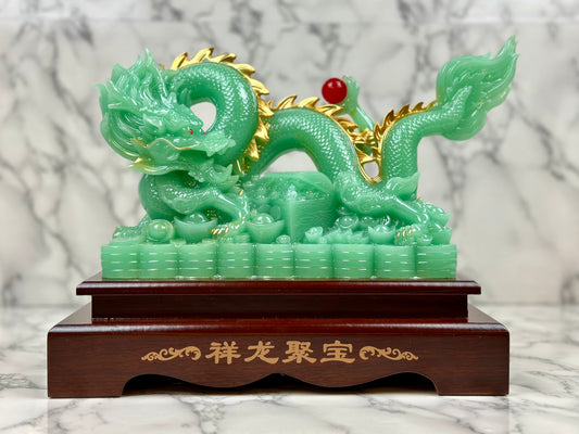 Ice Jade Dragon with Money Pot - Jade's Feng Shui Oasis