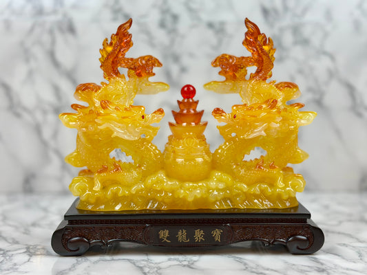 Amber Double Dragons Guarding Money Pot - Jade's Feng Shui Oasis