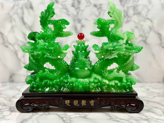 Green Double Dragons Guarding Money Pot - Jade's Feng Shui Oasis