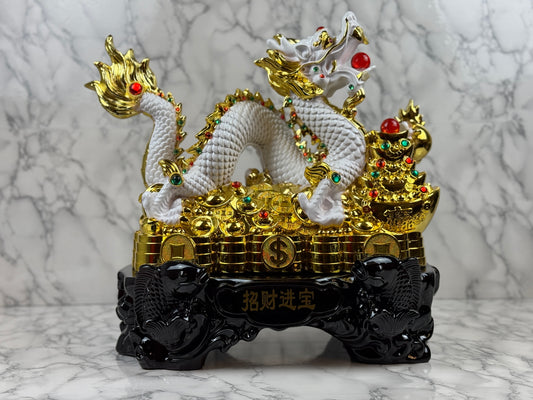 White Dragon with Ingot and Money Coins - Jade's Feng Shui Oasis