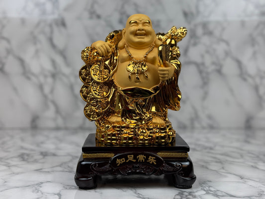 Laughing Buddha with Money Coins and Leaf - Jade's Feng Shui Oasis